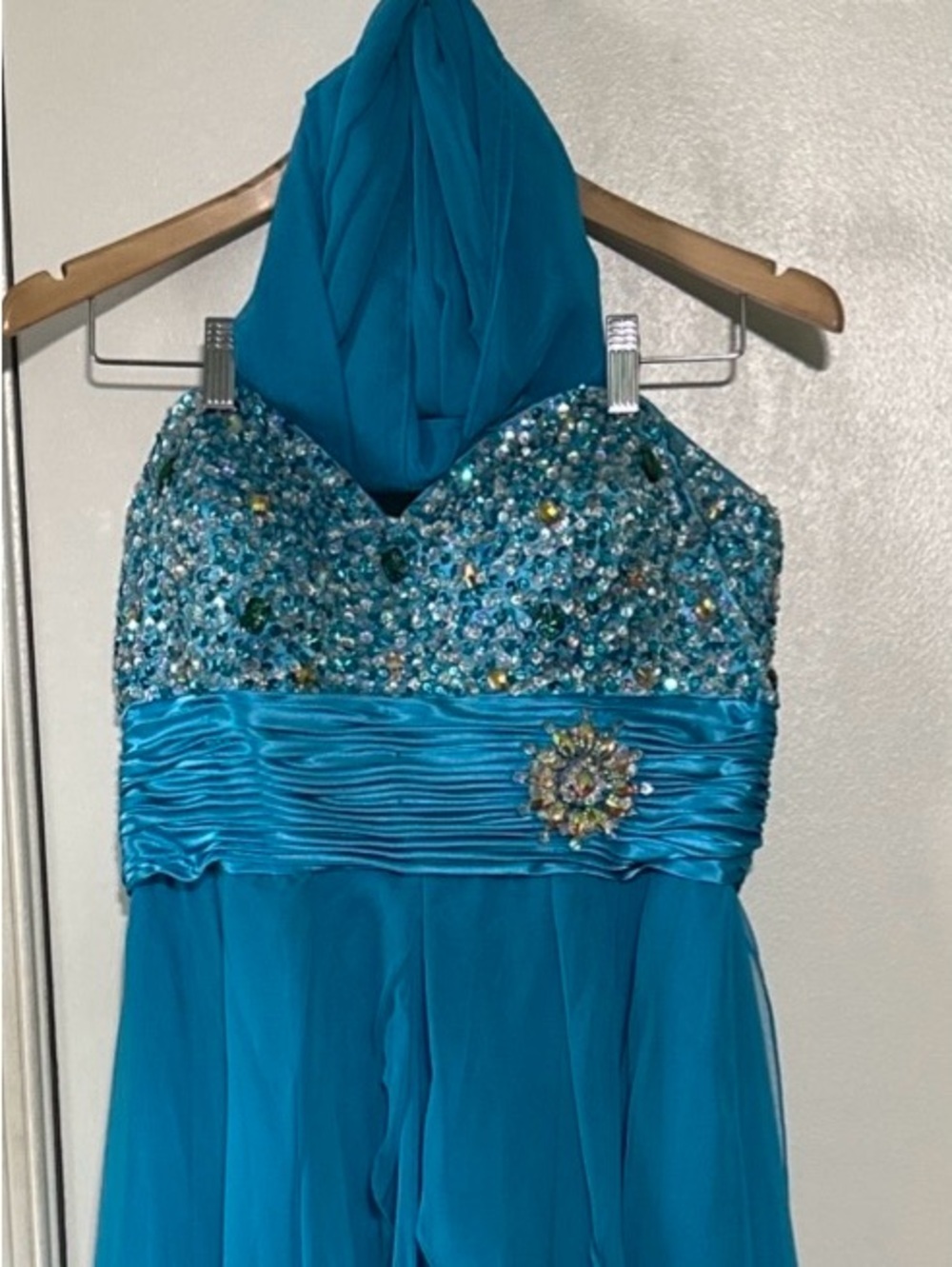 Teal Beaded Halter Girls' Formal Dress with Shawl